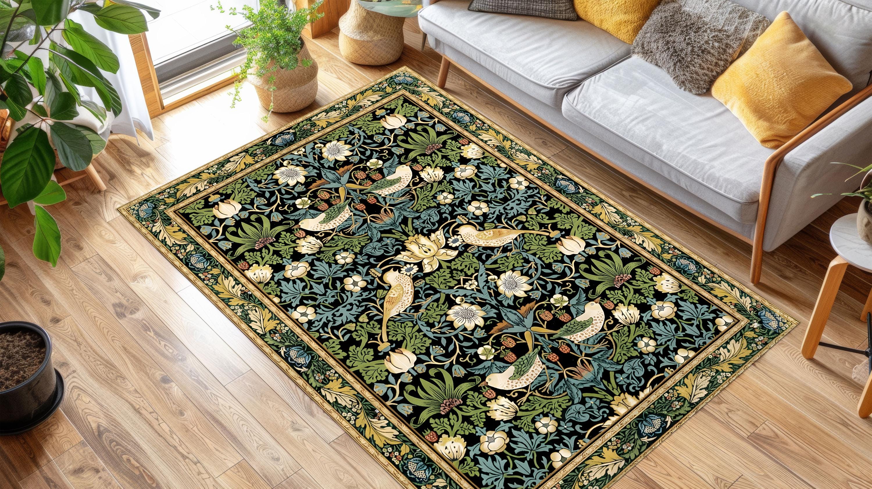 William Morris Strawberry Thief Rug: Victorian Floral Art, Bamboo