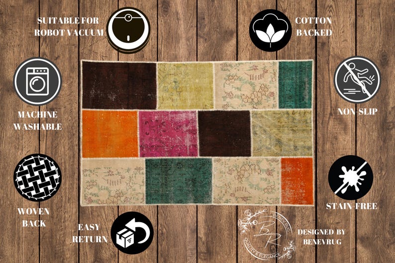 May include: A rectangular patchwork rug with various colored squares, including brown, orange, pink, and green. The rug is machine washable, cotton-backed, and stain-free. It is suitable for robot vacuums and has a non-slip design.