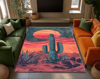 Desert Cactus Rugs, Southwestern Sunset Carpet, Vintage Western Wall Rug, Boho Arizona Desert Floor Decor