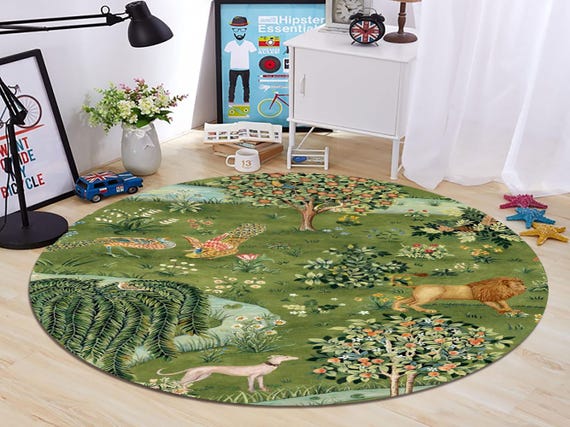 Whimsical Forest Animal Rug: Vintage Tapestry Style Carpet