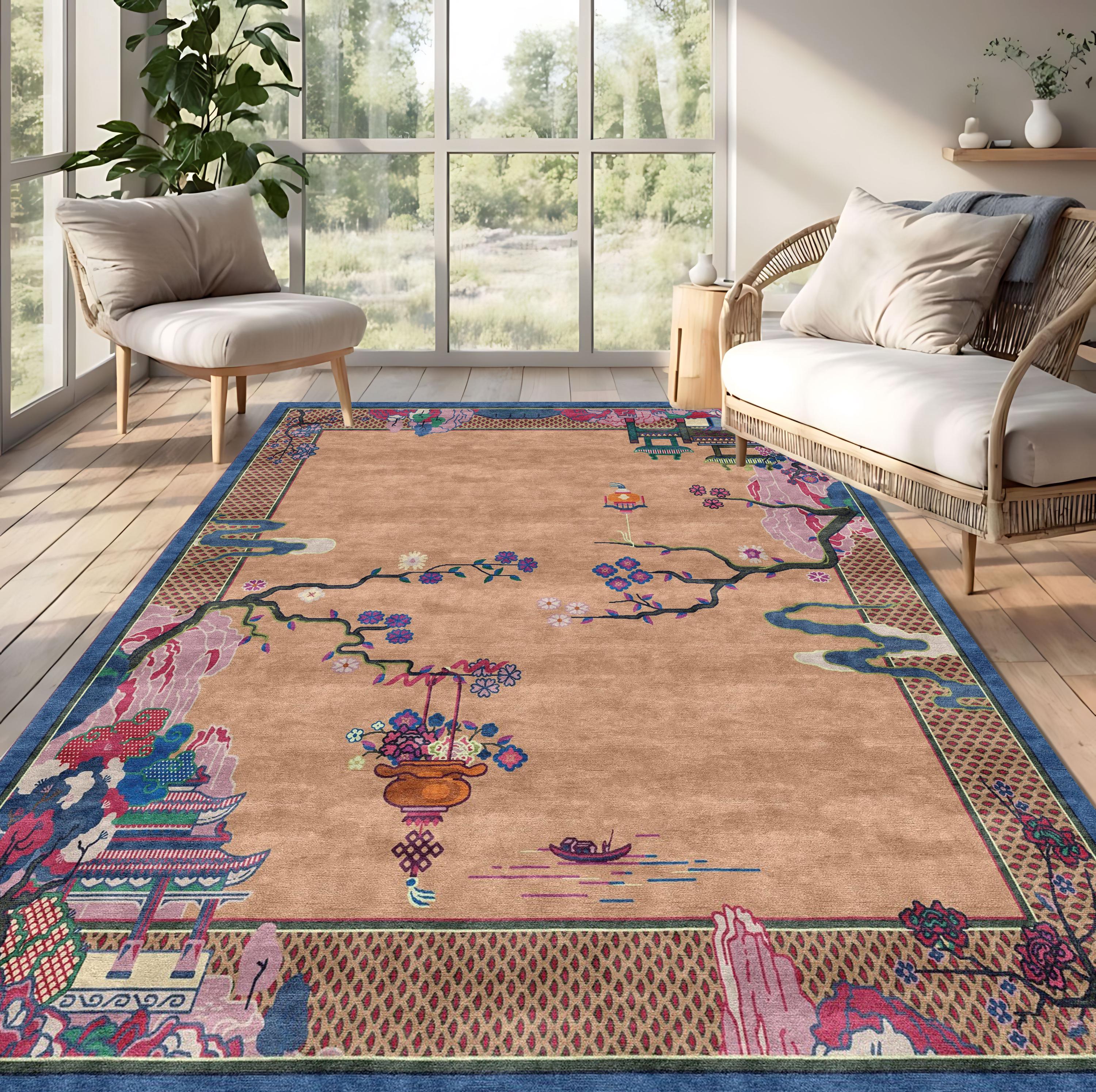 Vintage Plum Blossom Rug: Oriental Pagoda Design - Etsy