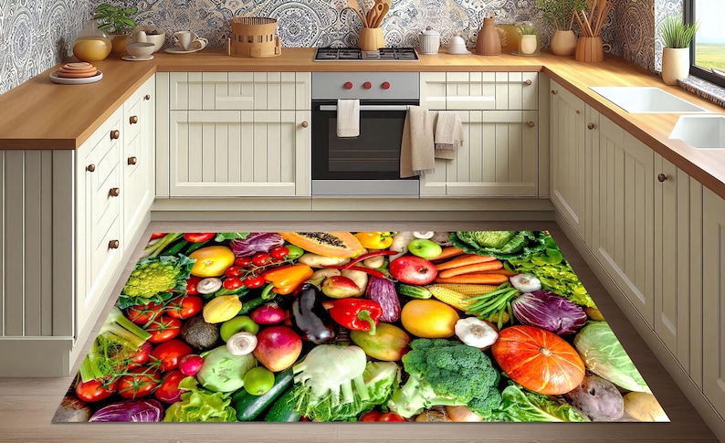 Colorful Fruits and Vegetables Kitchen Rug: Restaurant Art Decor - Etsy