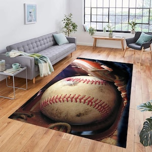 Baseball and glove on the grass, baseball themed rug, bamboo rug, field decor, sports decor