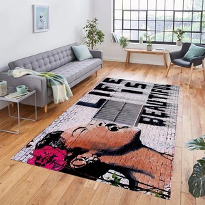 Life Is Beautiful Rugs, Bathroom Rug, Banksy Life Is Beuatiful Rugs, Street Rugs, Soft Rug, Woman Graffiti Rug, Thick Rug, Banksy Graffiti,