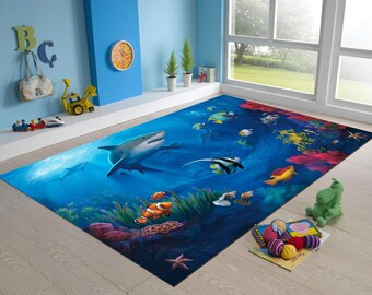 Underwater Ocean Rug, Shark, Tropical Fish, Kids Decor
