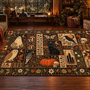Vintage Halloween Patchwork Area Rug, Black Cat Ghost Pumpkin Carpet, Spooky Autumn Folk Art Decor