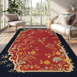 Vintage Bamboo & Floral Rug: Asian Style Home Decor, Chinese-apanese Art Rug