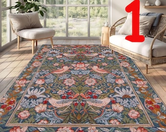 William Morris Strawberry Thief Rug: Vintage Victorian Style Bamboo Carpet, 2 Variation