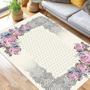 Bamboo rug,rose print,colorful rug,girl&#39;s room rug,housewarming gift,modern rug,office rug,special rug,spring rug,washable rug