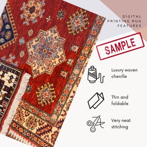 May include: A close-up of a red rug with intricate geometric patterns in blue, beige, and gold. The rug has a central starburst design and a border with floral motifs. The image also includes the text "SAMPLE".