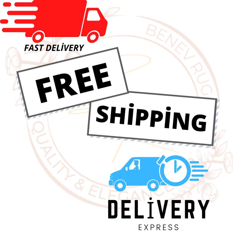 May include: A graphic with a red truck and the words "FAST DELIVERY". Below are two rectangles with the words "FREE" and "SHIPPING". A blue van with a clock and the words "DELIVERY EXPRESS" are also present.