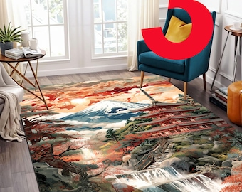 Japanese Landscape Rug, Bonsai Art Carpet, Mount Fuji Pagoda Tapestry, Zen Nature Decor, Asian Style Floor Mat, 3 Variation