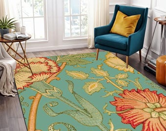 William Morris Poppy Rug: Art Nouveau Green & Red Area Rug