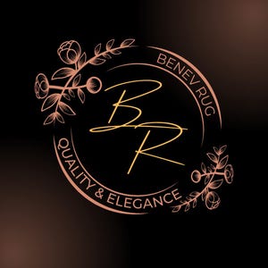 May include: A logo for Benev Rug, featuring a circular design with the text "Benev Rug" and "Quality & Elegance". The logo has a black background with gold and rose gold accents, including floral elements and the letters "BR".