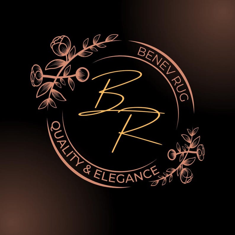 May include: A logo for Benev Rug, featuring a circular design with the text "Benev Rug" and "Quality & Elegance". The logo has a black background with gold and rose gold accents, including floral elements and the letters "BR".