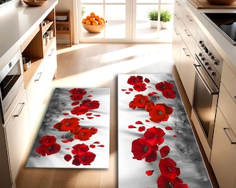 Red Poppy Flower Rug: Botanical Art Deco Style, Runner Rugs
