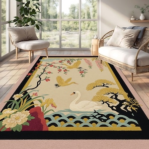 Asian Inspired Bird And Flower Motif Rug, Elegant Japanese Style Nature Themed Oriental Decorative Handcrafted Rug Model, Area Large Rug