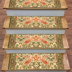 William Morris stair Runner Carpet, Vintage Bird and Floral Design Rug, For Staircase Decor Colorful Stair Tread Mat