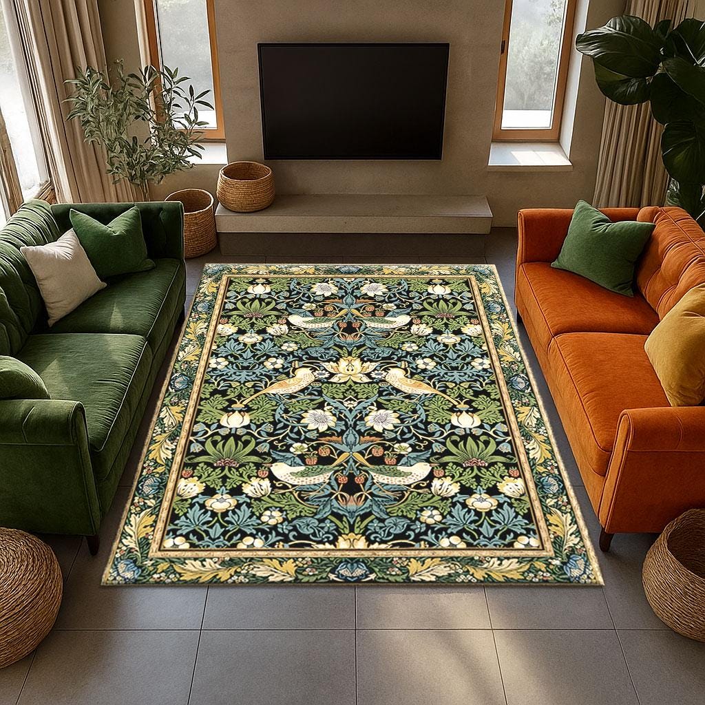 William Morris Strawberry Thief Rug: Victorian Floral Art, Bamboo