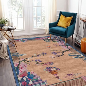 Vintage Plum Blossom Bamboo Rug: Oriental Pagoda Design