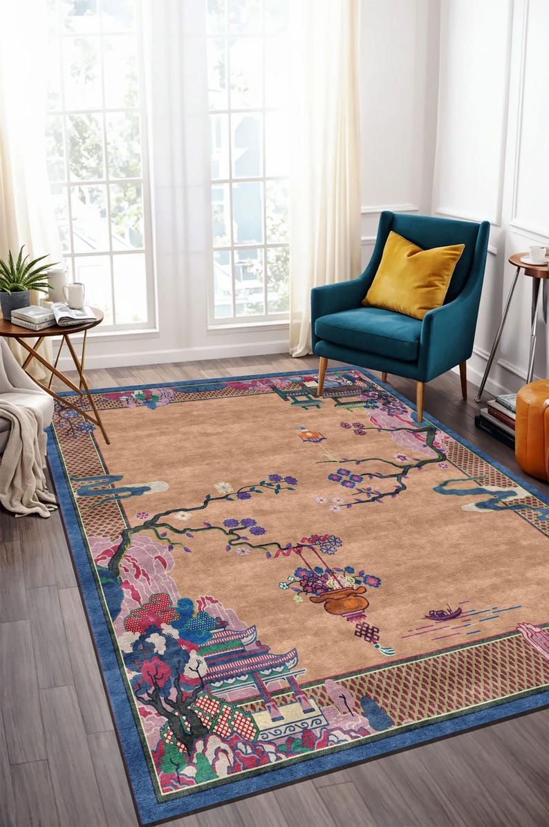 Vintage Plum Blossom Rug: Oriental Pagoda Design - Etsy