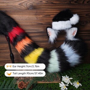 Artificial Fur,Rainbow Black Cat ear and tail,cosplay costume ear and tail,plush ear and tail,cosplay,bunny play, puppy,Valentine's Day gift