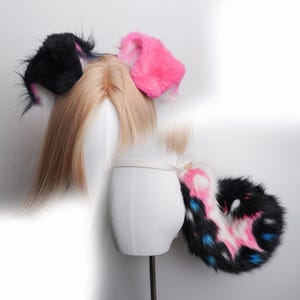 Black Pink Puppy Ears and Tail Set-Adjustable Faux Fur Headband with Belt,Kawaii Kemonomimi Cosplay Accessories for Roleplay，Party Costume