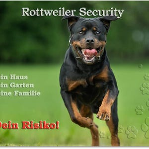 Könnte beinhalten: Ein schwarzer und brauner Rottweiler-Hund, der auf grünem Gras rennt, mit dem Text "Rottweiler Security". Der Hund hat die Zunge draußen. Der Text "mein Haus, mein Garten, meine Familie" und "Dein Risiko!" ist ebenfalls vorhanden.