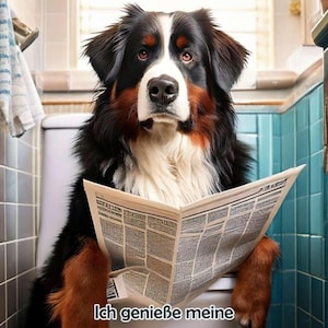Op de afbeelding: Een Berner Sennenhond zit op een toilet en leest een krant. De hond heeft zwart, bruin en wit haar. De tekst bovenaan luidt "Bitte nicht stören!" en onderaan "Quality Time".
