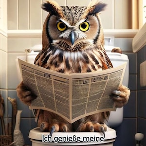 Puede incluir: Un búho con plumas marrones y beige está sentado en un inodoro, leyendo un periódico. La imagen incluye el texto "Bitte nicht stören!" y "Quality Time."