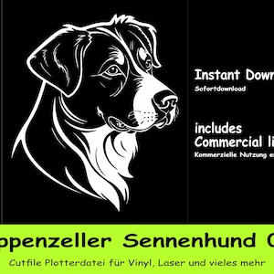 Appenzeller Sennenhund / Mountain Dog 01 Cutfile svg Clipart weiß auf schwarz Vektor Kunst Kunstwerk Portrait digital svg pdf eps png jpg