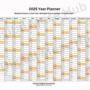 2025 Year Planner - Yearly Planner on 1 Page Landscape, Vertical Planner Calendar, Minimalistic Calendar Printable, Year Planner, A3,A4,A5
