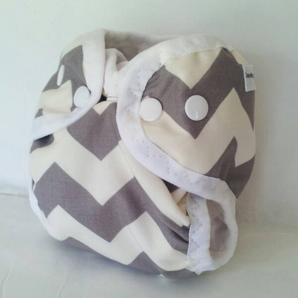 Gray Chevron Newborn cloth diaper or cover shell with gussets and umbilical cord snap with wipeable inside grey chevron