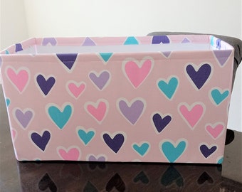 Hearts Print Collapsible Storage Bin in Your Custom Size, Organizer Bin, Pink and Purple Storage Basket, Valentine Gift Basket