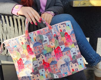 Gewatteerde laptophoes 13 14 15,6 inch, Mac-hoes met kleurrijke huisprint, schattig gewatteerd katoenen technisch etui, grillig esthetisch cadeau voor afgestudeerde