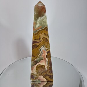 10 inch Polished Green Onyx Tower – Multi-Colored Banding, Earth Tones, Meditation Display