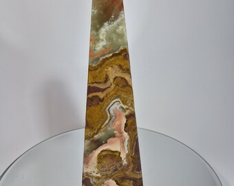 10 inch Polished Green Onyx Tower – Multi-Colored Banding, Earth Tones, Meditation Display