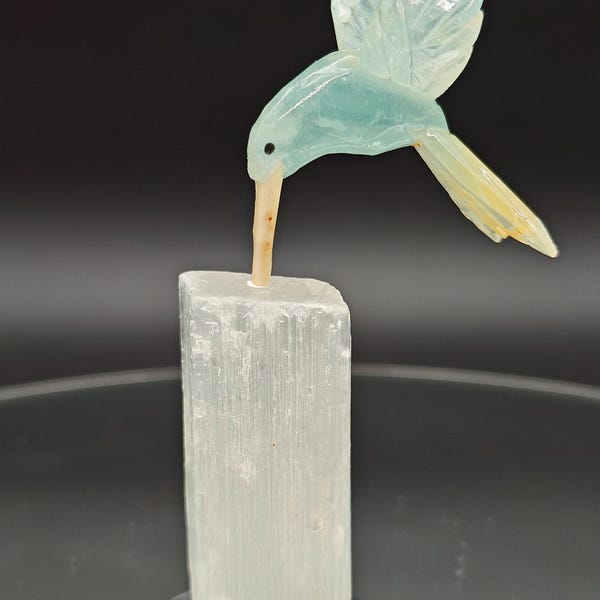 Blue Onyx Hummingbird on Satin Spar (Selenite Gypsum) - Hand Carved Brazil, 4 oz, 4" x 1"