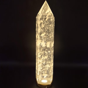 17.5", 13.45 lbs  Clear Smelt Quartz Tower  with White Cloud Inclusions - Man Made Quartz Obelisk - Optional LED Light Base