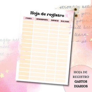 Puede incluir: Un rastreador de gastos diarios rosa y blanco con el título "Hoja de registro" en negro. El rastreador tiene columnas para fecha, descripción, importe y saldo. El fondo tiene acentos florales de acuarela.