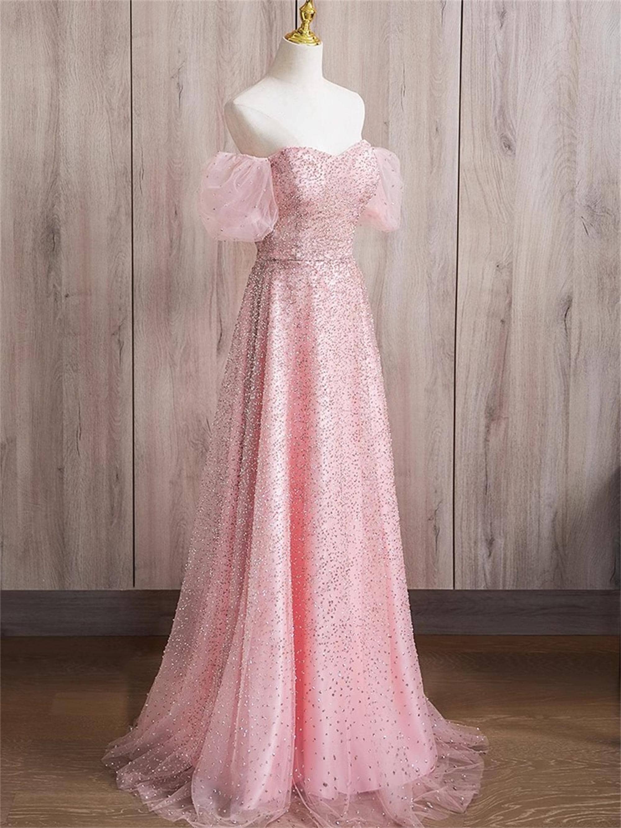 pink glitter prom dress