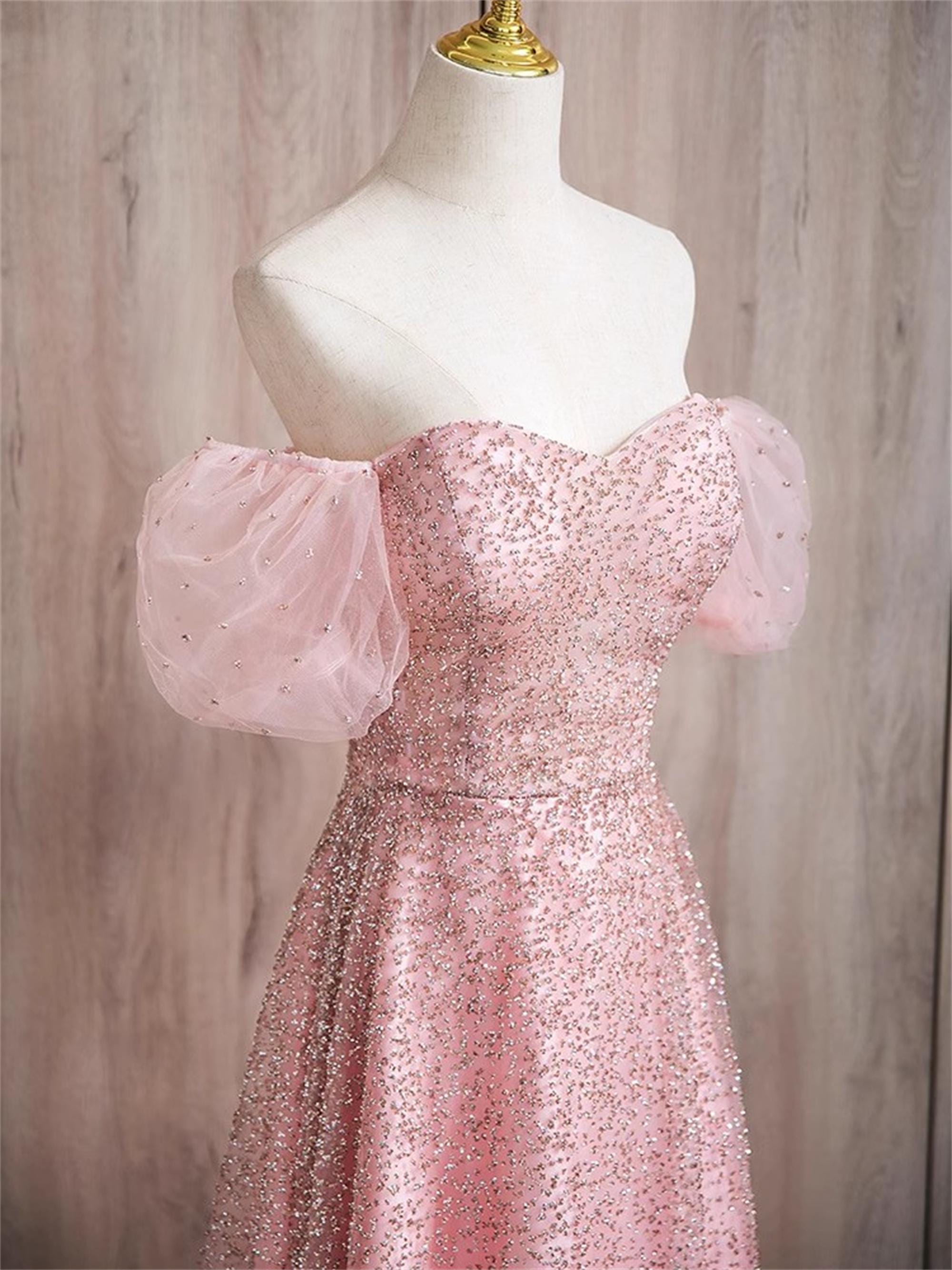 pink glitter prom dress