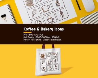 Può includere: Un set di 9 icone di caffè e panetteria disposte in una griglia. Le icone sono delineate in nero e riempite di marrone. Le icone includono chicchi di caffè, una pagnotta di pane, grano, una tazza di caffè, un dolce e un croissant.