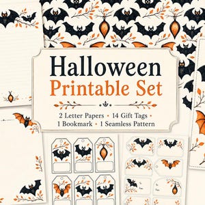 May include: A Halloween printable set featuring two letter papers, fourteen gift tags, one bookmark, and one seamless pattern. The designs include black bats and orange autumn leaves on a cream background. The central text reads Halloween Printable Set.