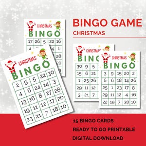 Op de afbeelding: Een stapel kerstbingokaarten met een rood en wit thema. Elke kaart heeft een raster met nummers en feestelijke illustraties van de kerstman en elfen. De woorden "Christmas Bingo" zijn prominent aanwezig.