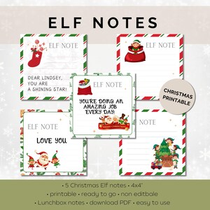 Op de afbeelding: Een verzameling van vijf kerst-elfnotities met feestelijke ontwerpen. Elke notitie bevat illustraties van elfen, de kerstman en kerstbomen. De notities bevatten berichten als "Lieve Lindsey, je bent een stralende ster!" en "Ik hou van je."