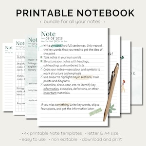Printable Notes, Printable Notebook, Student notes, Family notes, Template Note, Minimalist Notebook Notes PDF A4 Letter Study Note template