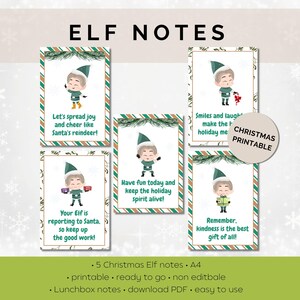 Op de afbeelding: Een set van vijf kerstelfnotities met illustraties van elfen in groene hoeden en outfits. Elke notitie heeft een andere boodschap, zoals "Laten we vreugde verspreiden en juichen als de rendieren van de kerstman!"