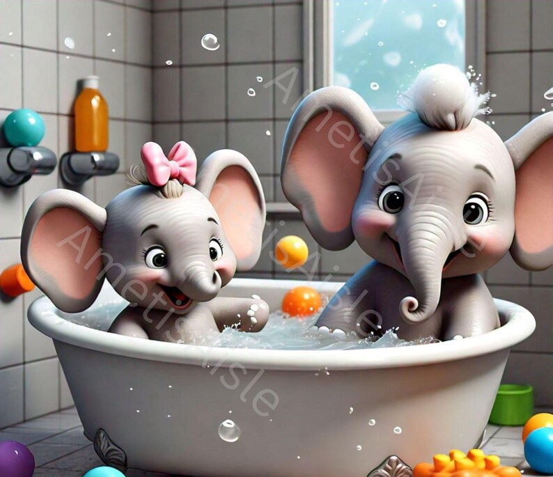 Baby Elephant Bath Time Art Adorable Nursery Wall Art for Kids ...
