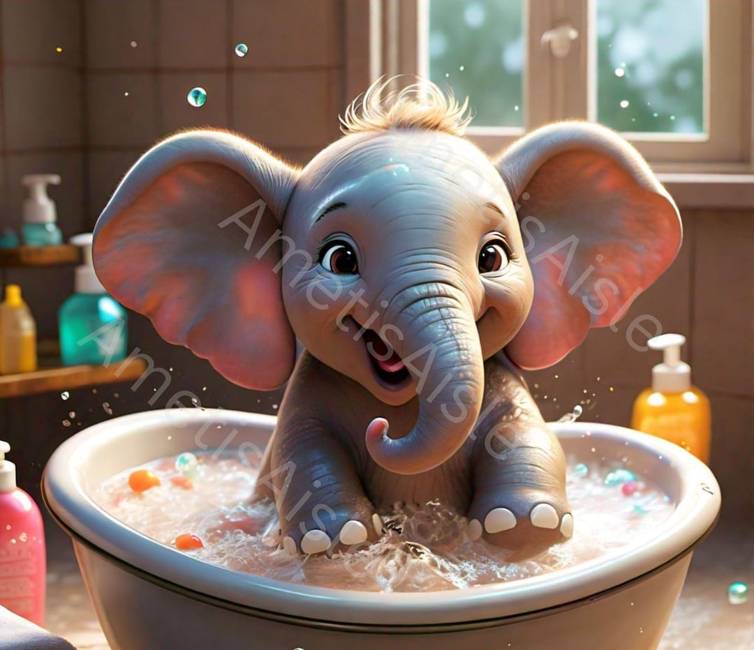 Baby Elephant Bath Time Art – Adorable Nursery Wall Art for Kids ...